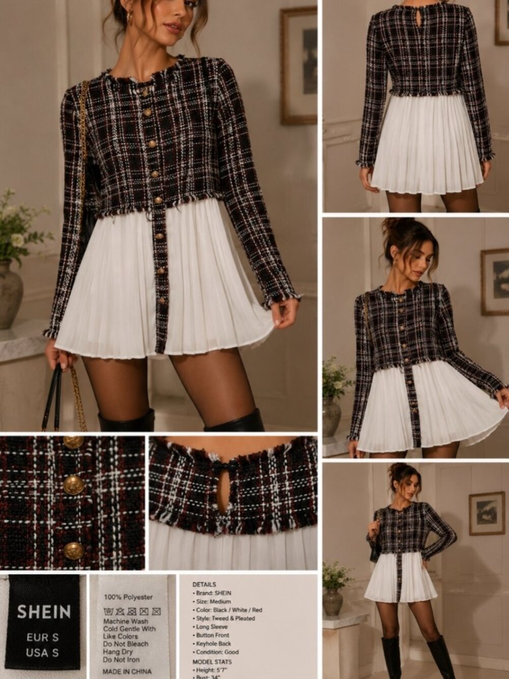 Women’s Shein Tweed & Pleated Dress Size S Black Red Plaid Button Front Long